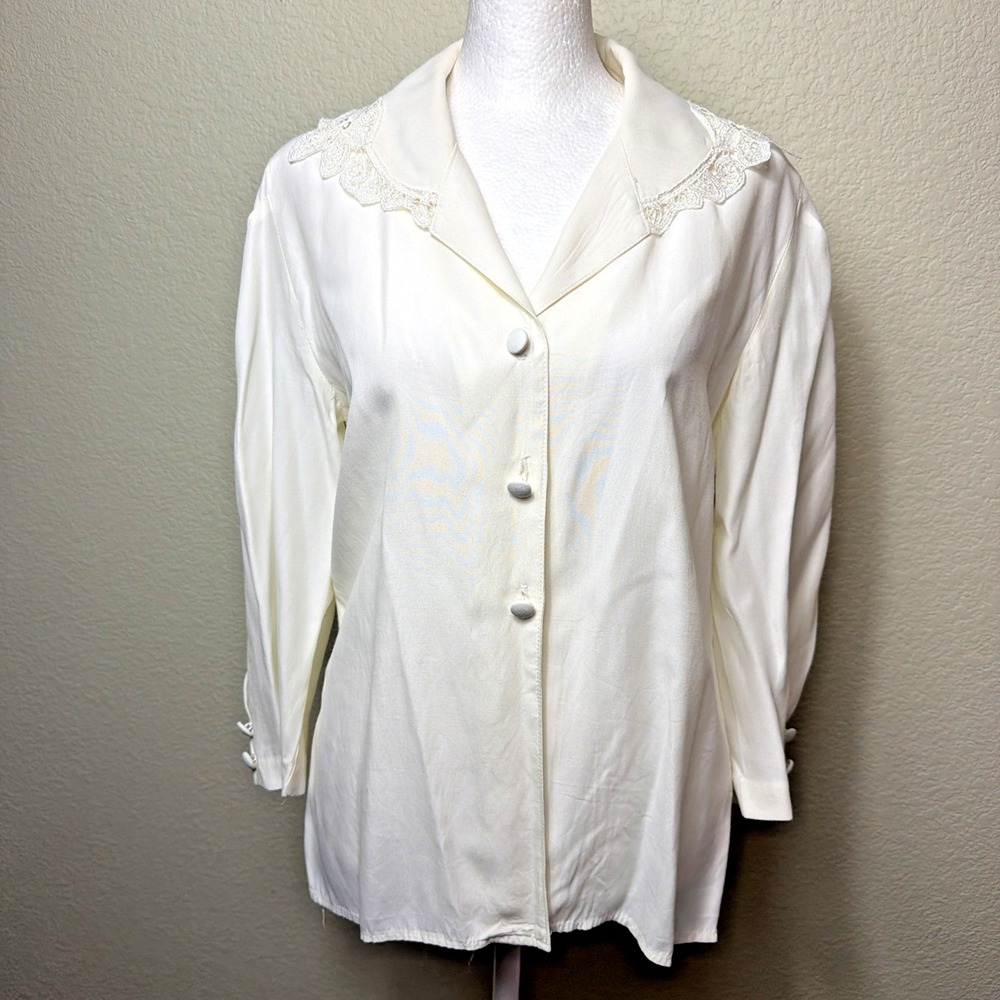 RJ Stevens Vintage 80s Shirt Top Woman 8 Ivory Embroidered Secretary Flawed